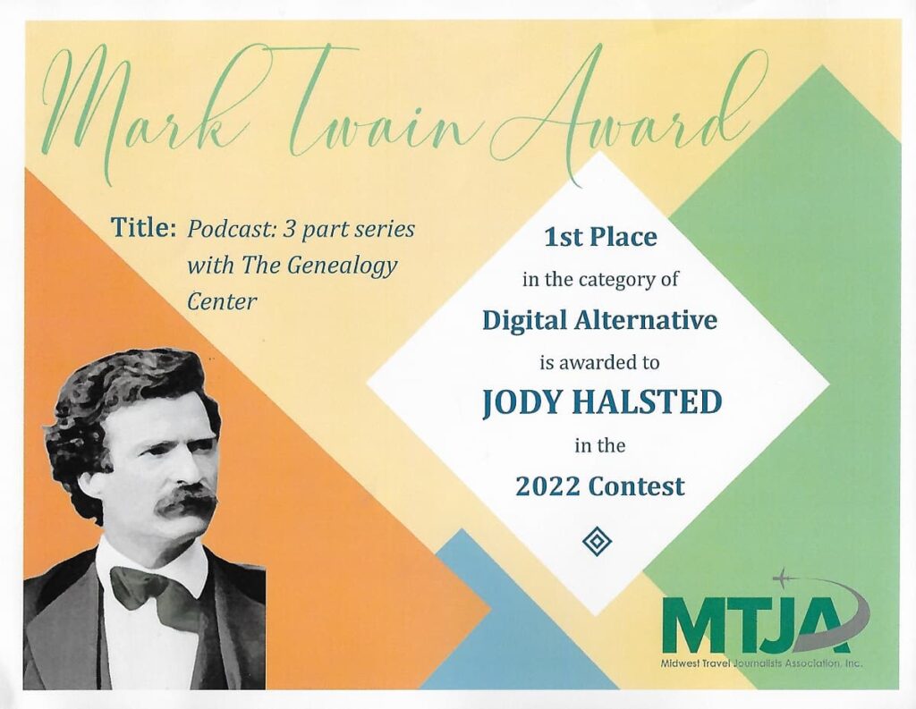 Genealogy Series Wins First Place in Mark Twain Travel Journalist Awards